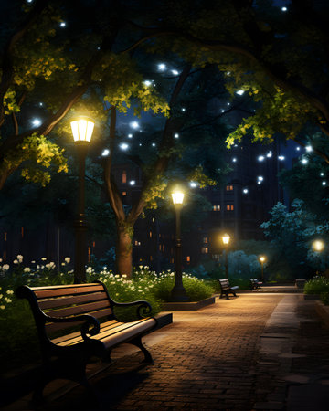 Park at night with bench and street lamps. 3D rendering.の素材