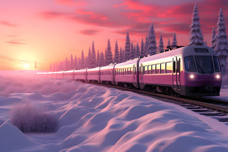 Train on the railway through the snow-covered forest at sunset.の素材