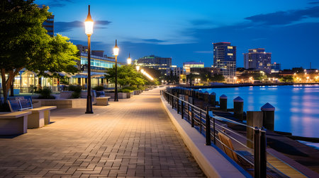 Night view of the waterfront promenade in Boston, Massachusetts.の素材