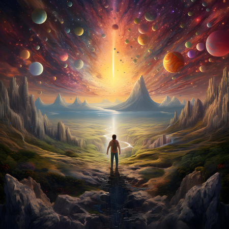 Fantasy landscape with a man standing on the path to the planet.の素材
