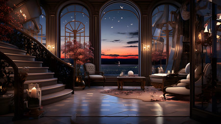 3d render of an interior with a view of the lake at sunsetの素材