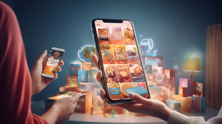 Close up of female hands holding mobile phone with application on screen. Mixed mediaの素材