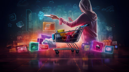 Hijab woman with shopping cart and media icons concept on backgroundの素材
