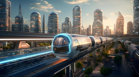 High-speed train on the modern city. 3D rendering.の素材