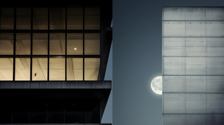 Night view of the facade of a modern office building with a large full moonの素材
