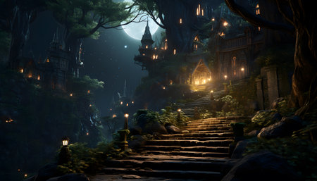 Mystical temple in the forest at night. 3D renderingの素材