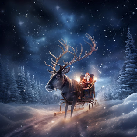 Santa Claus in a sleigh pulled by reindeer. Christmas background.の素材