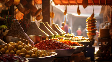 Colorful spices and herbs for sale in a local market in Indiaの素材