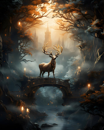Fantasy landscape with old bridge and deer. 3D illustrations.の素材
