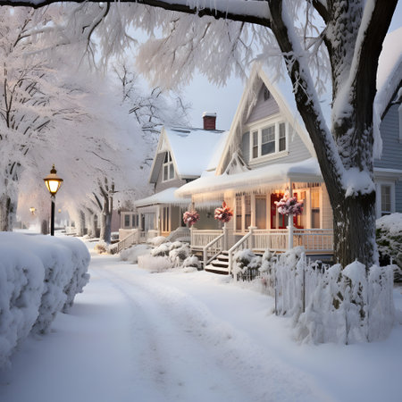 Snow-covered street in winter with a cozy house in the middle.の素材