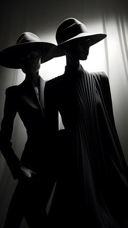 Silhouette of two women in hats against the background of curtainsの素材