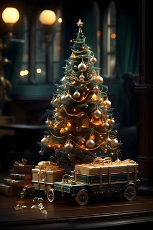 Christmas tree and gifts on a background of an old wooden house.の素材