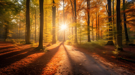 Sunset in the autumn forest. Beautiful nature scene with sunbeamsの素材