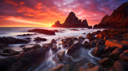 beautiful sunset over the sea with rocks on the foreground. long exposureの素材