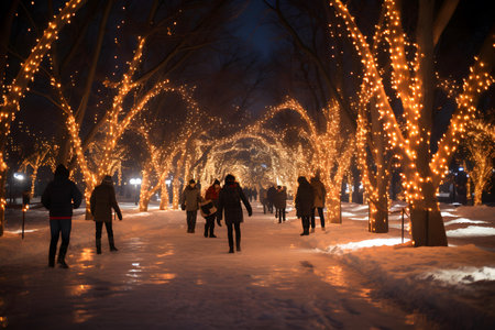 people walking in the park at night in winter with lights on.の素材