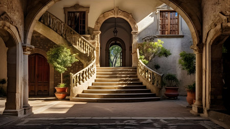 Old stone staircase in the courtyard of an old house with a large windowの素材