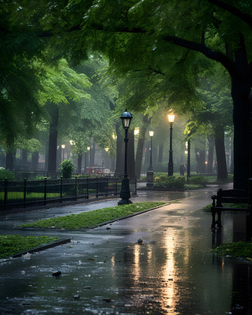 Lamppost in the park at night with green trees and lanternsの素材