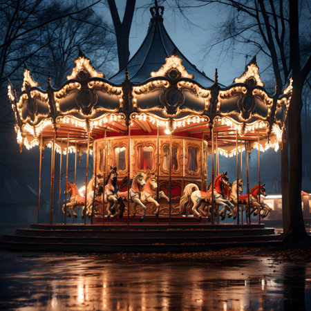 Merry-go-round carousel in the park at nightの素材