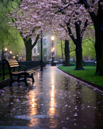 Bench in the park at night with pink sakura flowers and raindropsの素材