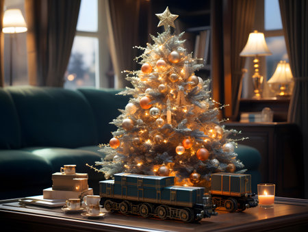 Christmas tree with presents and train in the interior of the living roomの素材