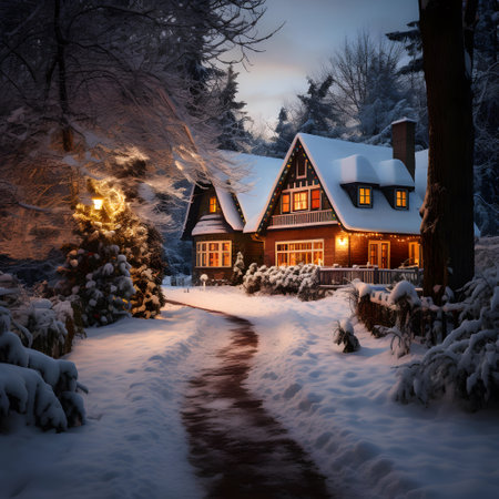 Wooden house in the winter forest. Winter landscape with a riverの素材