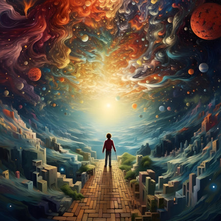 Man standing on the path leading to the planet. 3D renderingの素材
