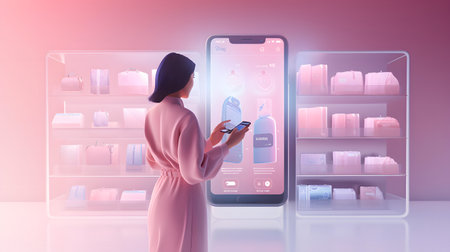 Woman in pink dress using mobile phone in supermarket. 3D renderingの素材