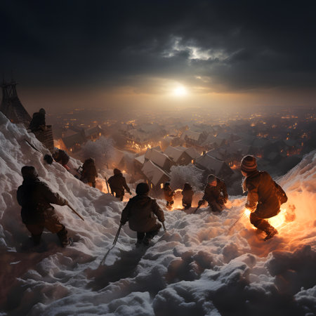 Group of people walking in the snow at sunset. 3D renderingの素材