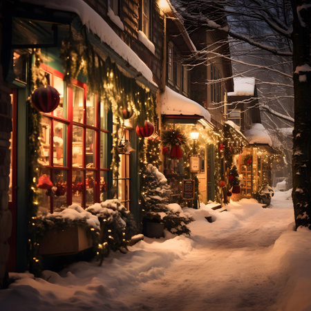 Traditional Christmas street decorated with lights at night in a snowy townの素材