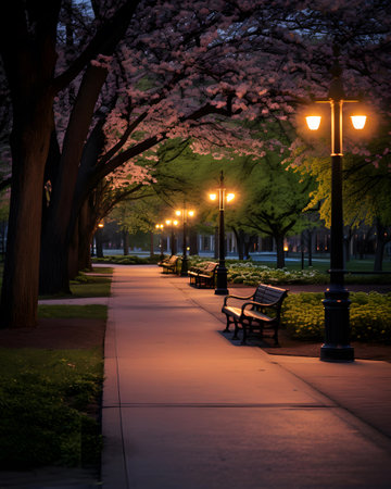 Cherry blossom in the park at night with bench and lanternsの素材