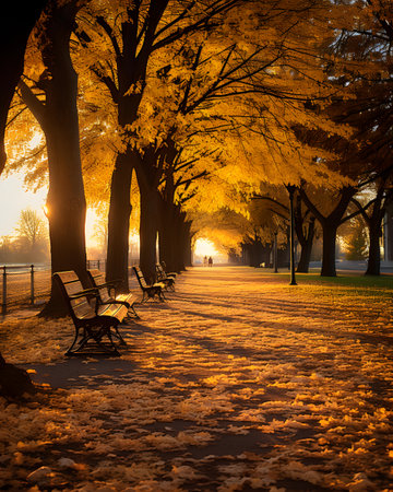 Beautiful autumn park with benches and trees in the light of the setting sunの素材