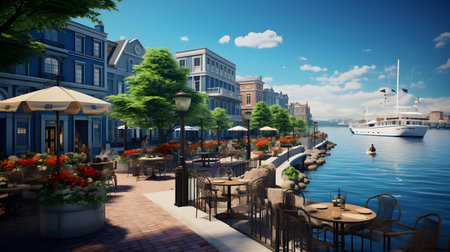 Street cafe in the center of the city. 3D rendering.の素材
