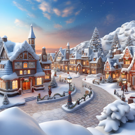 3D render of a winter fairy tale town with snow covered housesの素材