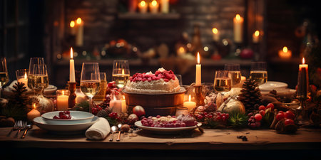Christmas table setting with Christmas decorations and candles. Selective focus.の素材
