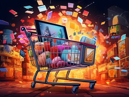 Shopping cart and tablet pc on abstract background. Online shopping conceptの素材