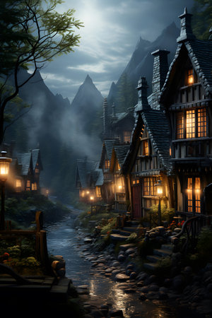 Fantasy landscape of foggy night in the old town with beautiful wooden housesの素材