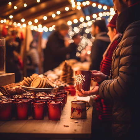 Woman holding cup of hot mulled wine on Christmas market.の素材