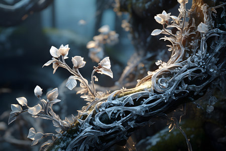Icy tree branch with white flowers in winter, close-upの素材