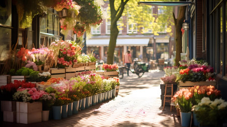 Flower shop in Amsterdam, Netherlands. Beautiful flowers in pots on the street.の素材