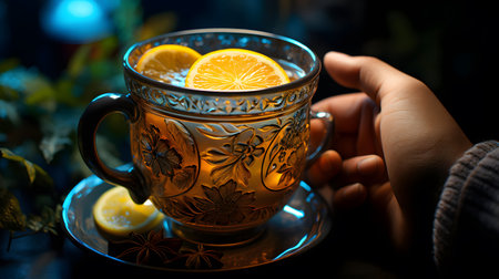 Mulled tea with lemon and spices on a dark background.の素材