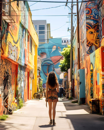 A young woman is walking along a colorful street in San Francisco.の素材