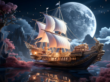 Sailing ship in the moonlight. 3D illustrations. Fantasy world.の素材