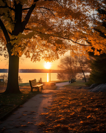 Sunset in the park. Autumn landscape with a bench and treesの素材