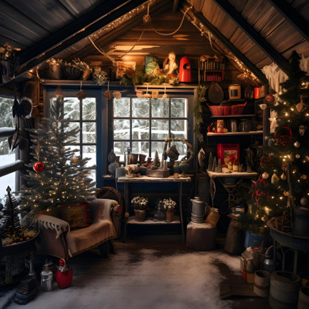 Interior of a rustic wooden house with Christmas decorations and Christmas treeの素材