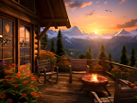 Beautiful wooden terrace with fireplace in the mountains at sunset.の素材
