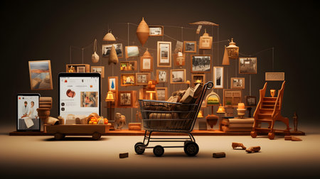 Digital composite of Shopping cart in front of room with furniture and devicesの素材