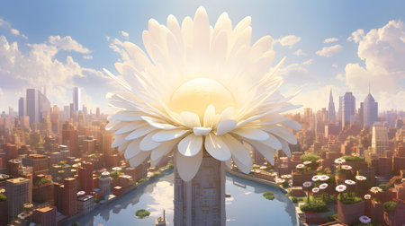 3d rendering of a white flower in the middle of a cityの素材
