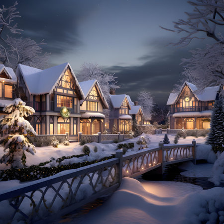 3D rendering of a beautiful winter night in a small village.の素材