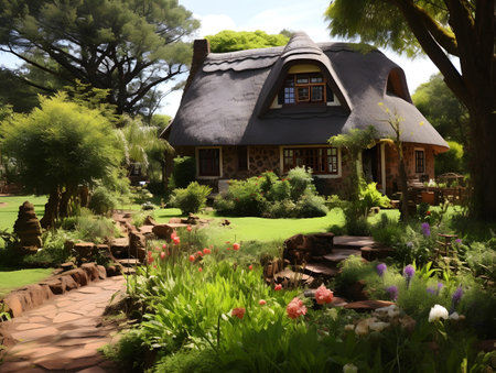 House with thatched roof in the garden. 3D rendering.の素材