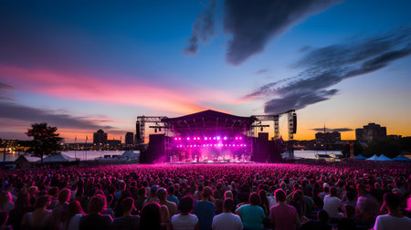 Crowd at a live concert on a summer evening with lights in the airの素材
